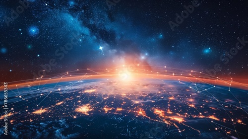 Starry sky above a glowing network of connected dots symbolizing global communication