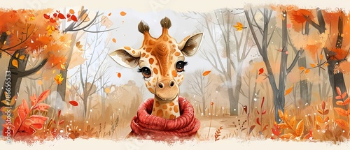 Animated cartoon character with giraffe in warm scarf, autumn illustration, good for cards and prints. © DZMITRY