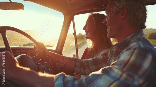 Wallpaper Mural Parents teaching their teenager to drive, sharing a moment of pride and joy in the bright light of a clear day, their expressions lit up by the sun. , natural light, soft shadows, Torontodigital.ca