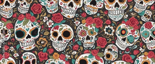 Day of the Dead skulls pattern in Bright Colours  © Fukurou