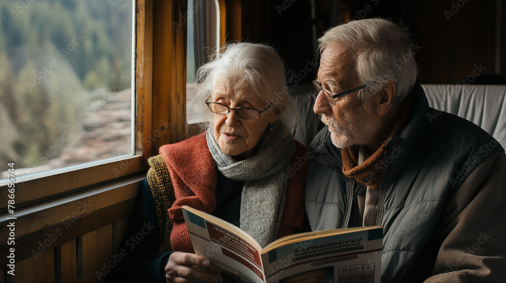 Two elderly travelers engaged in a discussion over a travel guide, with natural light from the cabin windows illuminating their faces. , natural light, soft shadows, with copy spac Two elderly travelers engaged in a discussion over a travel guide, with natural light from the cabin windows illuminating their faces. , natural light, soft shadows, with copy spac