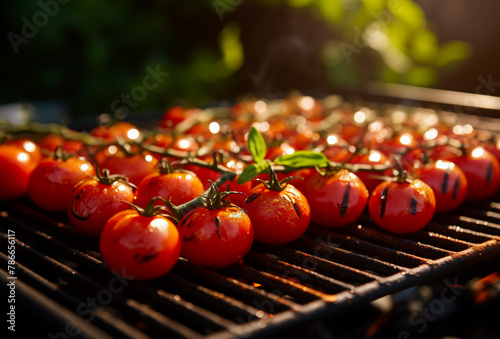 Close-up of grilled tomato bunches on backyard grill. Horizontal, side view.