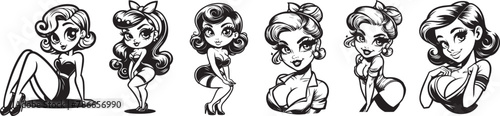 pinup woman retro style, pin up girl vintage monochrome clipart illustration © Cris