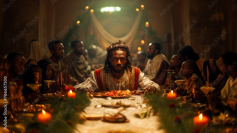 African Jesus Celebrating Christmas Dinner with a Crowd