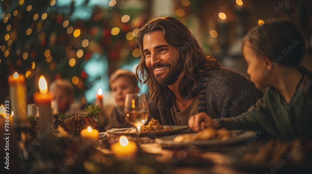 Modern Jesus Dining with Children in Christmas Setting