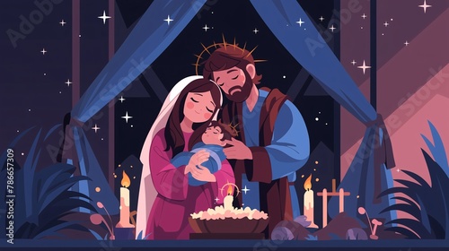 Joseph  Mary  and Newborn Jesus in a Joyous Nativity Scene
