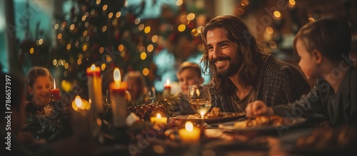 Modern Jesus Dining with Children in Christmas Setting