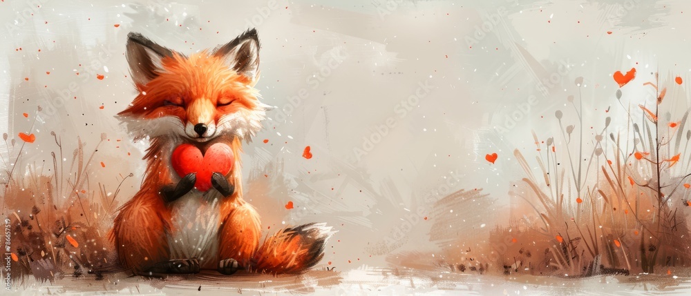 Obraz premium A cute, fluffy fox with a heart, watercolor style illustration, valentines clipart with cartoon character.