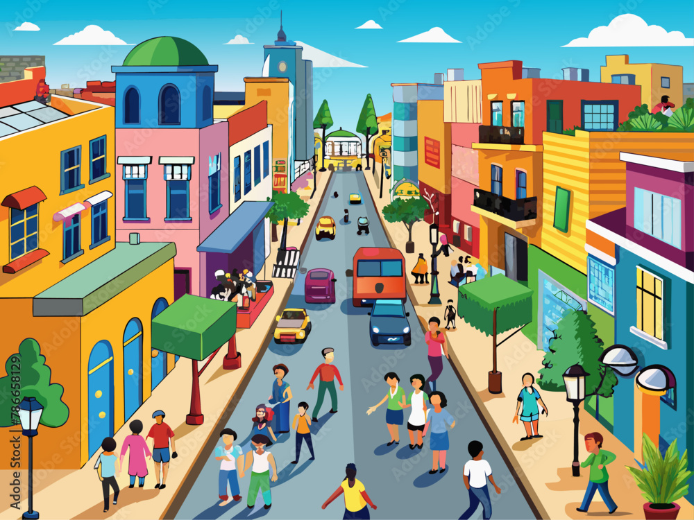 A bustling city street filled with colorful buildings and lively pedestrians Illustration A bustling city street filled with colorful buildings and lively pedestrians Illustration