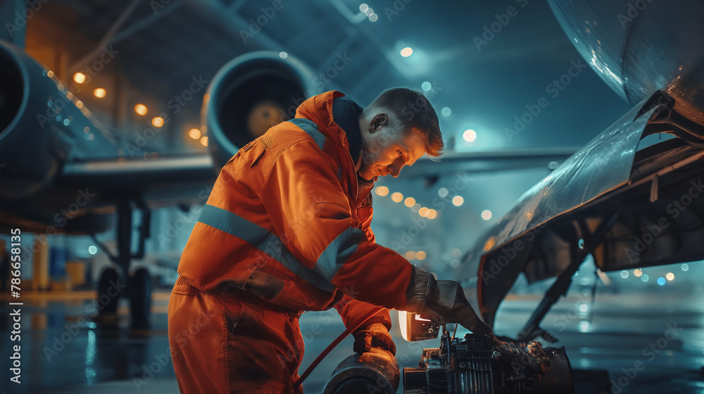 A focused aircraft mechanic inspects airplane, Aircraft Mechanic at Work, avia mechanic