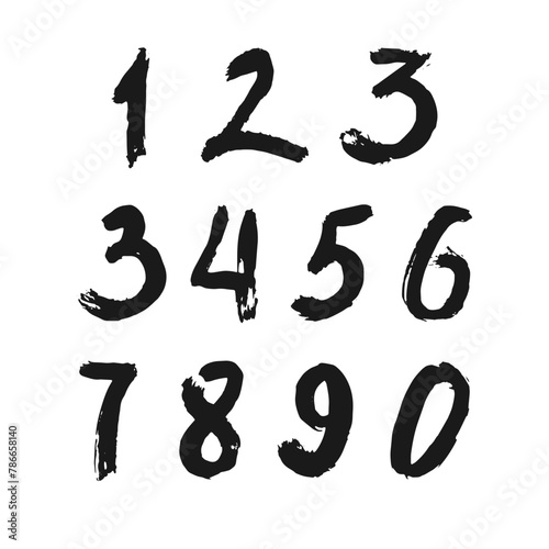 Set of calligraphic numbers painted by black brush on isolated white background. Lettering for your design. Vector illustration.