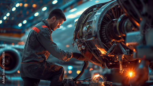 A focused aircraft mechanic inspects airplane, Aircraft Mechanic at Work, avia mechanic