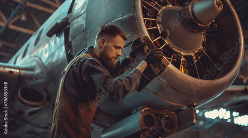 A focused aircraft mechanic inspects airplane, Aircraft Mechanic at Work, avia mechanic photo