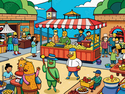 Bustling alien market filled with quirky characters and vendors Illustration