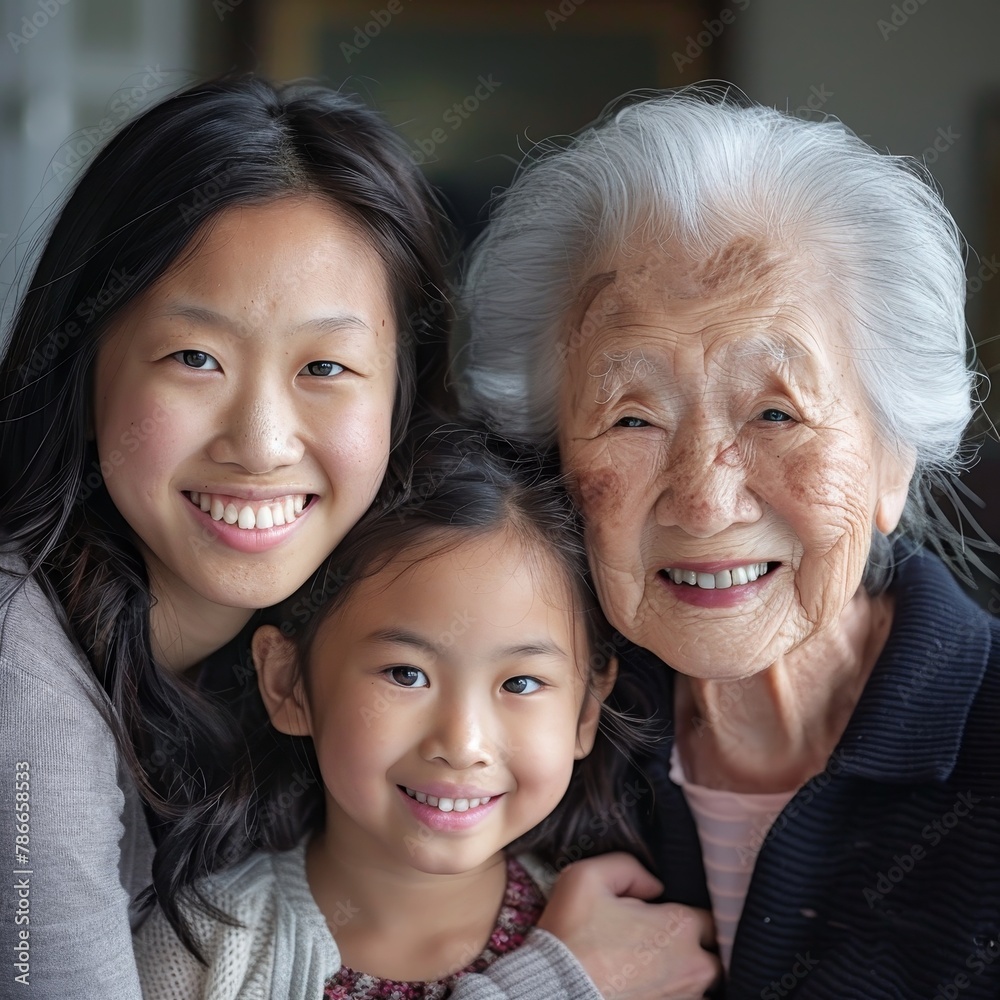 A young girl is hugging an older woman and a young girl. The older woman has a smile on her face A young girl is hugging an older woman and a young girl. The older woman has a smile on her face