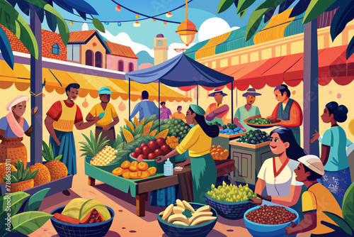 Bustling marketplace with vendors selling exotic fruits and spices Illustration