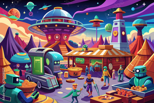 Bustling spaceport with alien traders and exotic goods Illustration