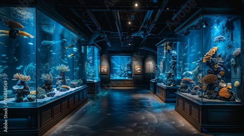 Explore underwater worlds in a modern aquarium with vibrant coral displays and illuminated tanks