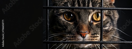 Curious Tabby Cat Peeking Through Metal Bars of a Cage with Sad Eyes