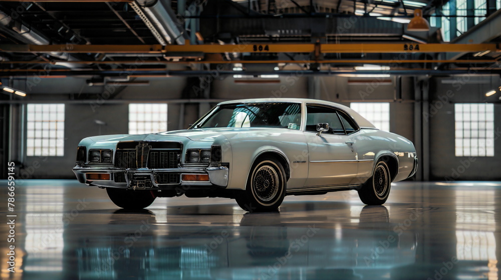 White American car white old school coupe in an hangar
White American car white old school coupe in an hangar