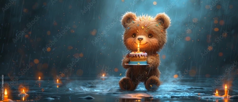 Fototapeta premium This is a cute birthday bear with a cake and candles, a watercolor style illustration, a holiday card with a cartoon character good for printing and cards