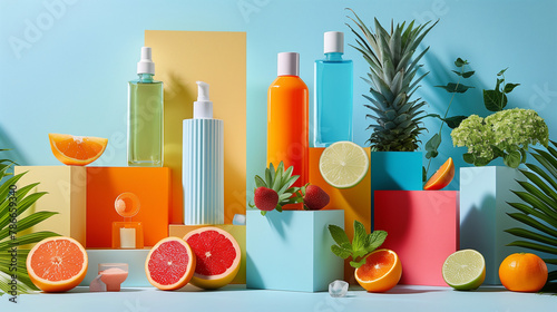 A colorful display of fruit and beauty products