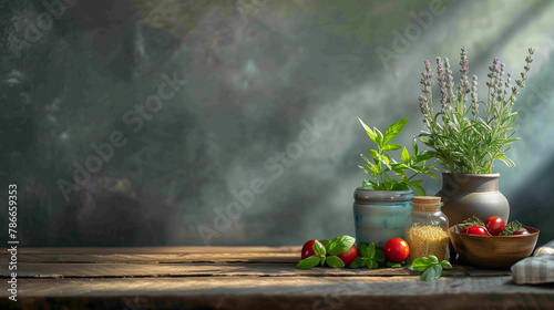 A table with a vase of lavender, a vase of basil, a vase of tomatoes photo