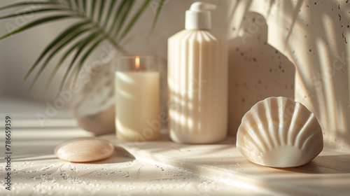 A white bottle of lotion sits on a table next to a candle and a seashell