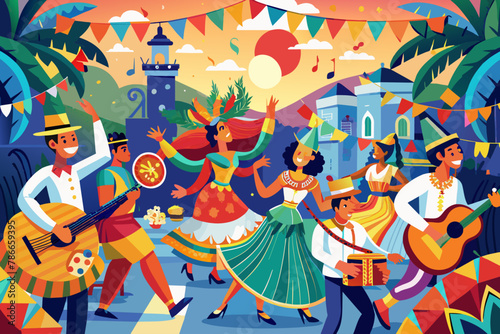 A colorful street festival with dancers, musicians, and performers Illustration