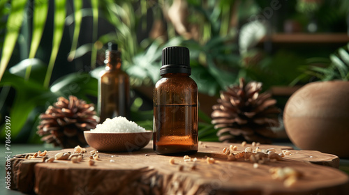 A bottle of essential oil is on a wooden table next to a bowl of salt