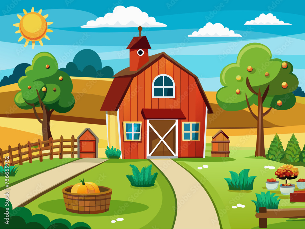 Cozy countryside scene with a charming farmhouse Illustration