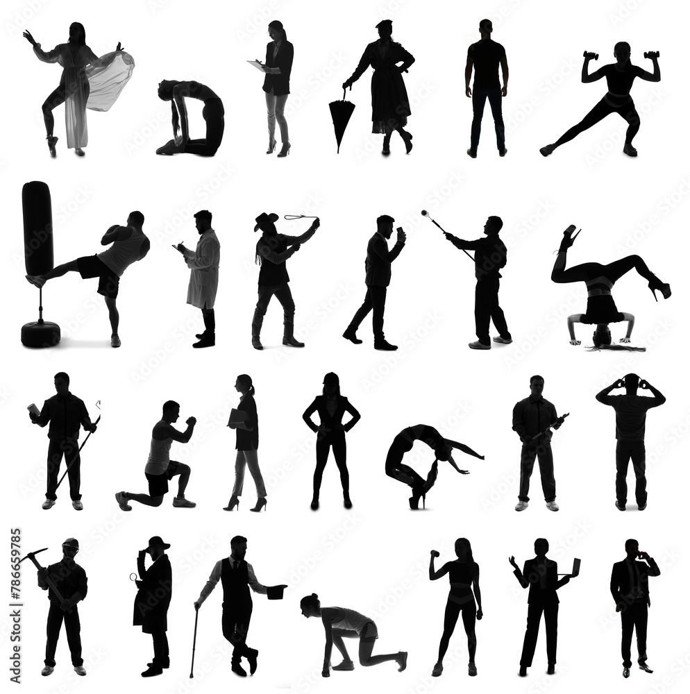 Collection of silhouettes of different people on white background