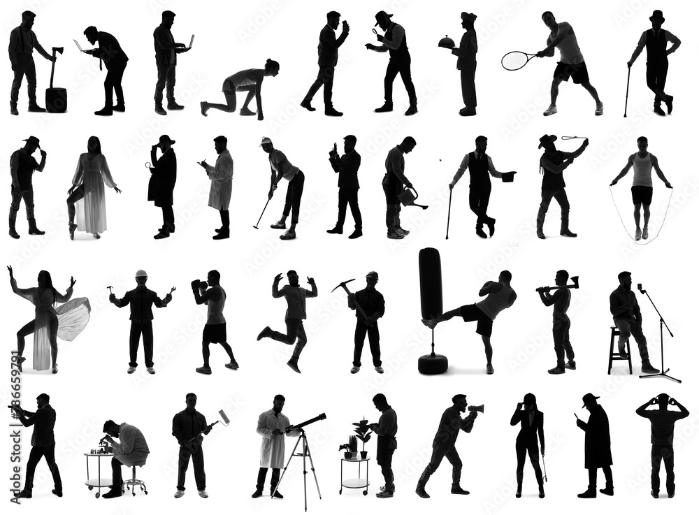 Collage of silhouettes of different people on white background