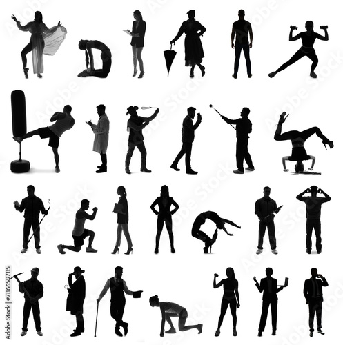 Collection of silhouettes of different people on white background
