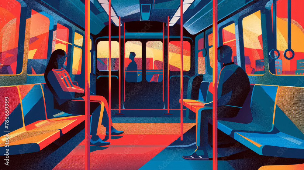 Fototapeta premium Illustration of the interior of the subway. People inside the train carriage