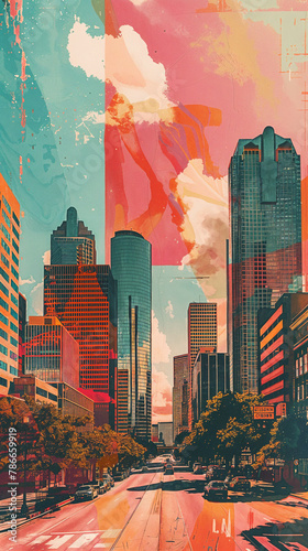 Houston City street view skyline silhouette collage style abstract illustration. Symbolic design with bright bold modern retro-styled colors. Giant overlapping skyscrapers, sky, sun, Buildings, trees