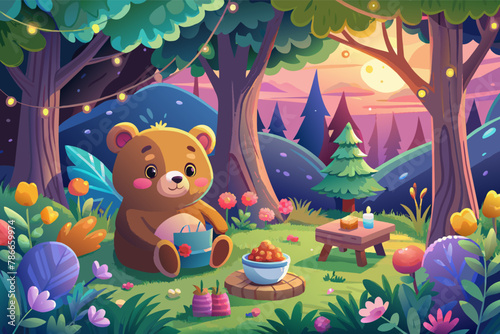 Cute teddy bear picnic in a magical forest illustration