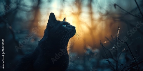 Enigmatic Black Cat Gazing at Celestial Abundance