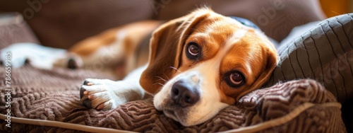 Puppy Diseases Common Illnesses to Watch for in Puppies Sick Beagle Puppy is lying on dog bed on the floor Sad sick beagle at home. with copy space image. Place for adding text or design