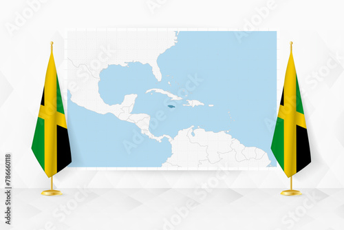 Map of Jamaica and flags of Jamaica on flag stand.