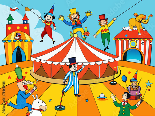 Fantastical circus with acrobats, clowns, and animals performing tricks Illustration