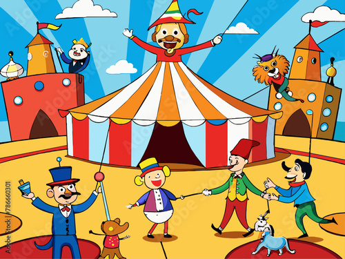 Fantastical circus with acrobats, clowns, and animals performing tricks Illustration