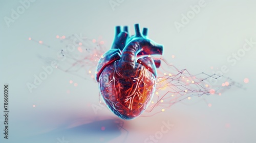 Digital 3D illustration of a human heart with blue digital red and blue cardiac pulse line, white background