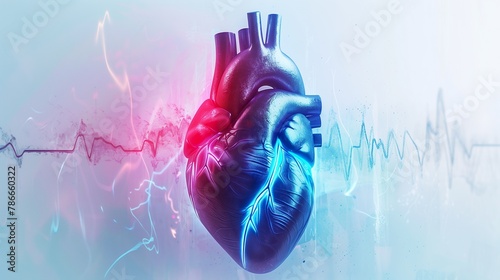 Digital 3D illustration of a human heart with blue digital red and blue cardiac pulse line, white background #786660322