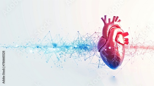 Digital 3D illustration of a human heart with blue digital red and blue cardiac pulse line, white background