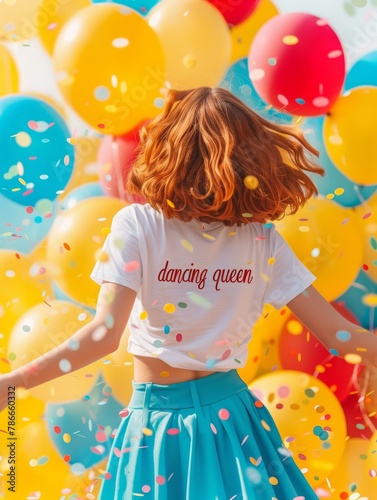a red-haired girl is wearing a white t-shirt with "dancing queen" and a blue skirt, she is facing colorful balloons and dancing. 