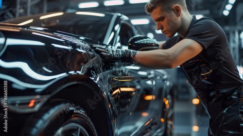 Car wrap specialist applying a vinyl film on a black car