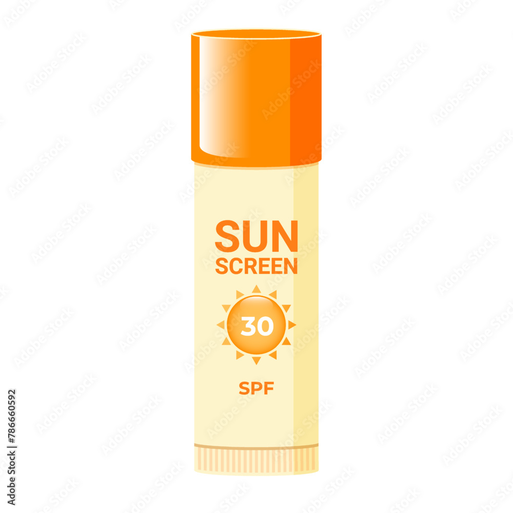 Sunscreen lip balm. Cosmetic product with SPF for skin care for sun protection. Isolated vector illustration