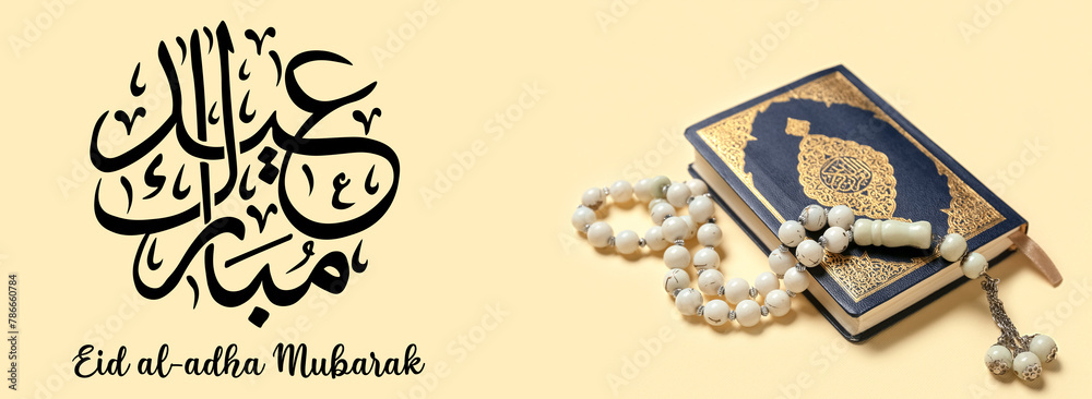 Koran with prayer beads for Ramadan on color background