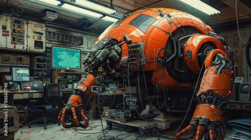 Futuristic industrial scene with giant mechanized unit and workers photo